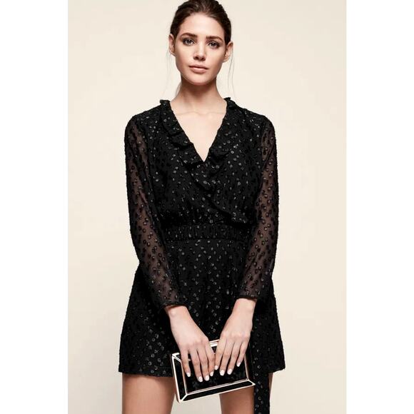 REISS Cuba Metallic Burn Out Playsuit Romper Size 8 Deep V Neckline Sheer Fabric